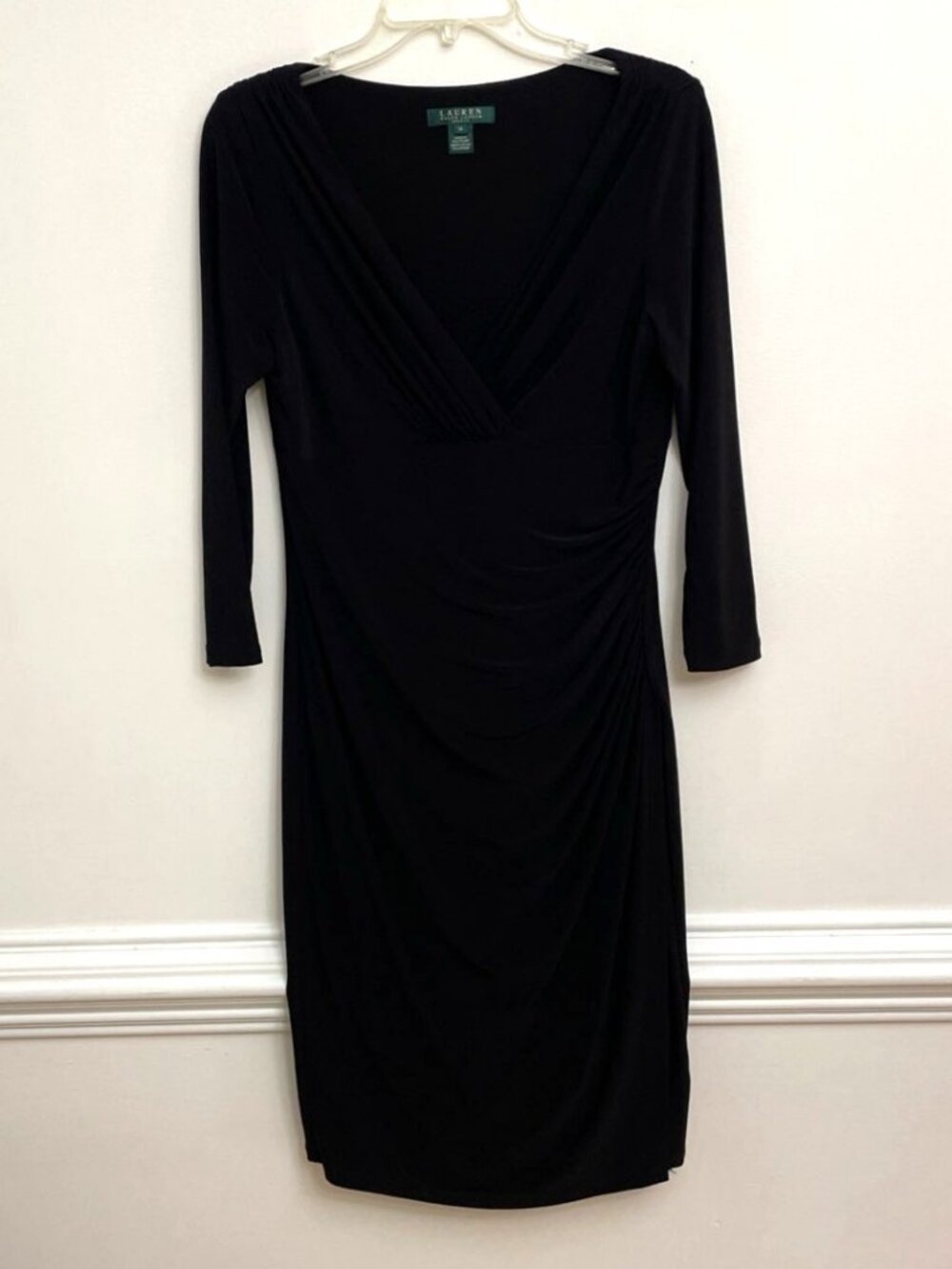 Lauren Ralph Lauren Faux Wrap Dress Women's 10 Black Ruched 3/4 Sleeve‎ LBD